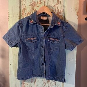 Women’s denim floral embroidered collared short sleeve button-up